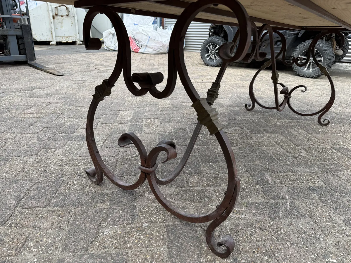RENÉ HOUTMAN Rustic Whitewashed Solid Wood Dining Table with Ornate Wrought Iron Base