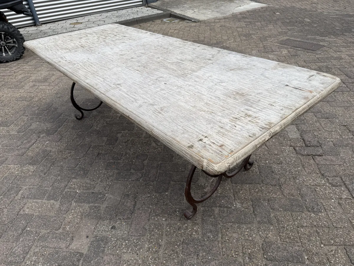 RENÉ HOUTMAN Rustic Whitewashed Solid Wood Dining Table with Ornate Wrought Iron Base