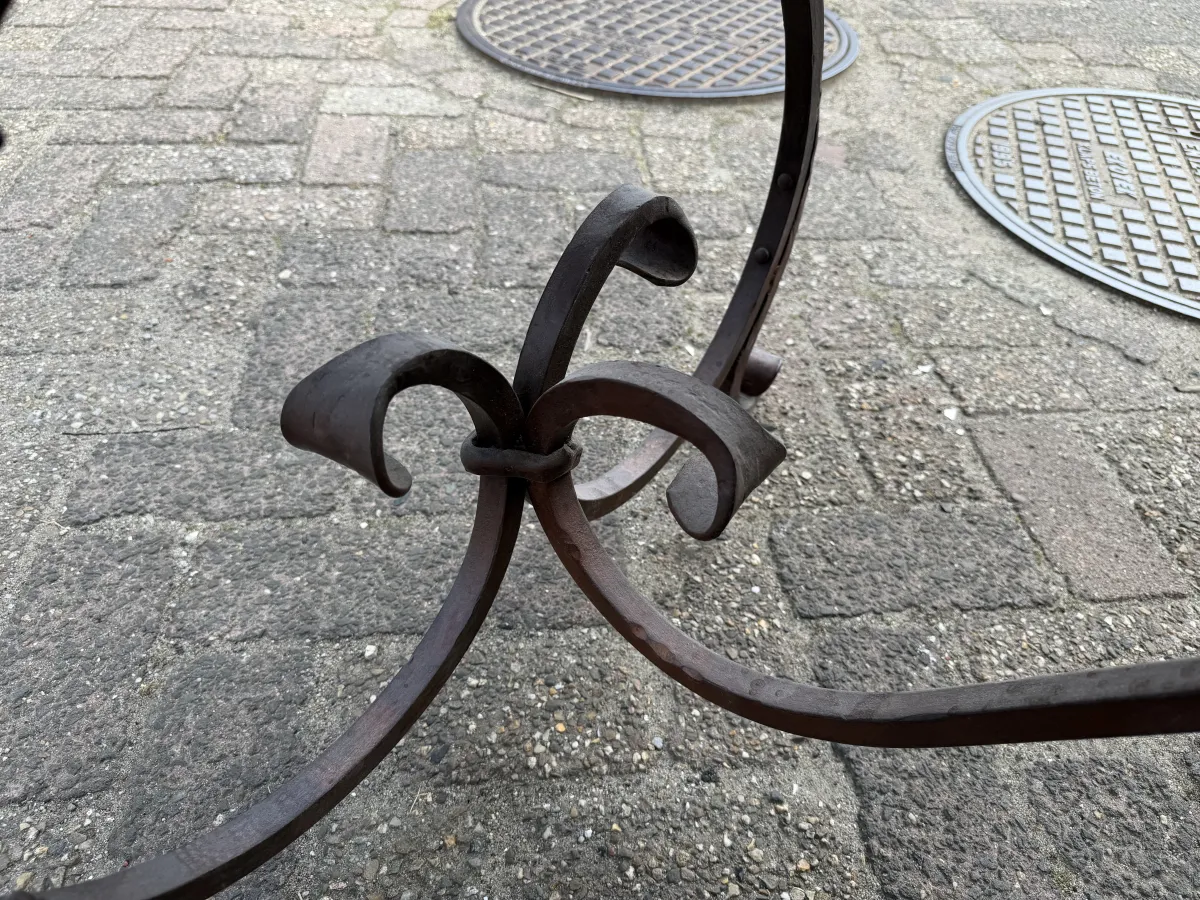 RENÉ HOUTMAN Rustic Whitewashed Solid Wood Dining Table with Ornate Wrought Iron Base
