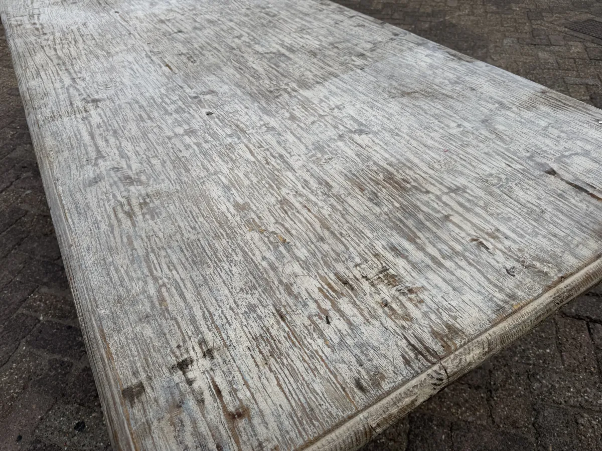 RENÉ HOUTMAN Rustic Whitewashed Solid Wood Dining Table with Ornate Wrought Iron Base