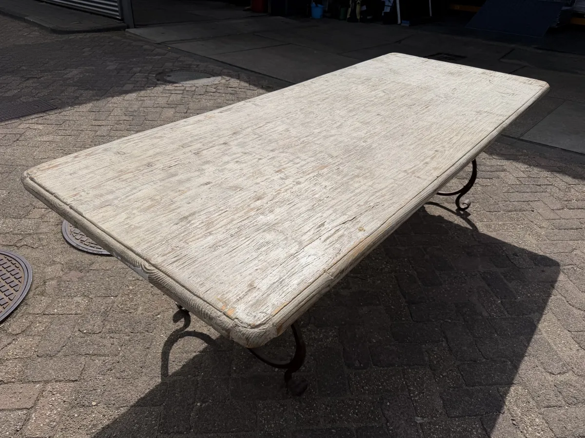 RENÉ HOUTMAN Rustic Whitewashed Solid Wood Dining Table with Ornate Wrought Iron Base
