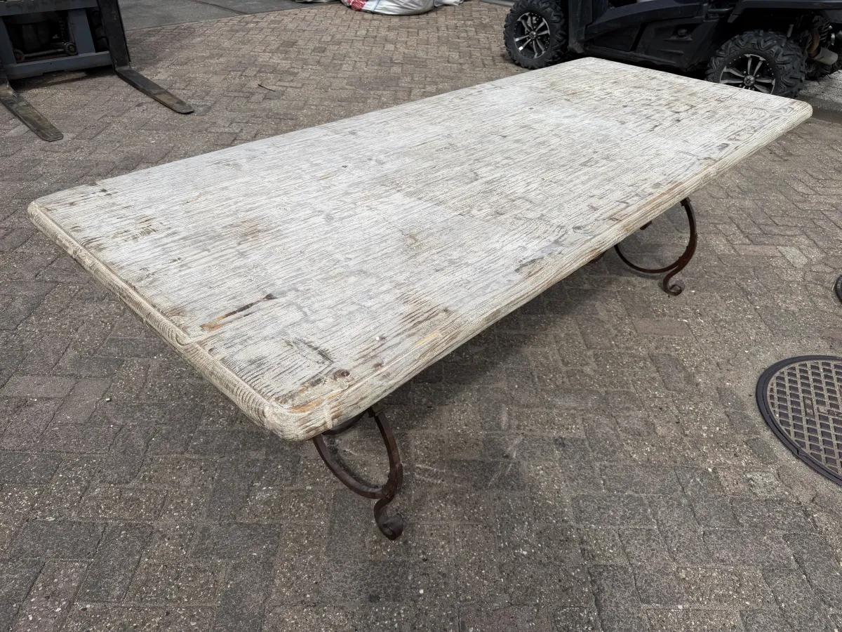 RENÉ HOUTMAN Rustic Whitewashed Solid Wood Dining Table with Ornate Wrought Iron Base