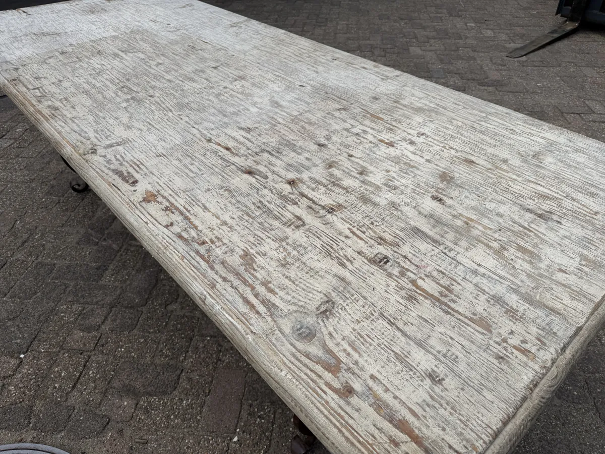 RENÉ HOUTMAN Rustic Whitewashed Solid Wood Dining Table with Ornate Wrought Iron Base