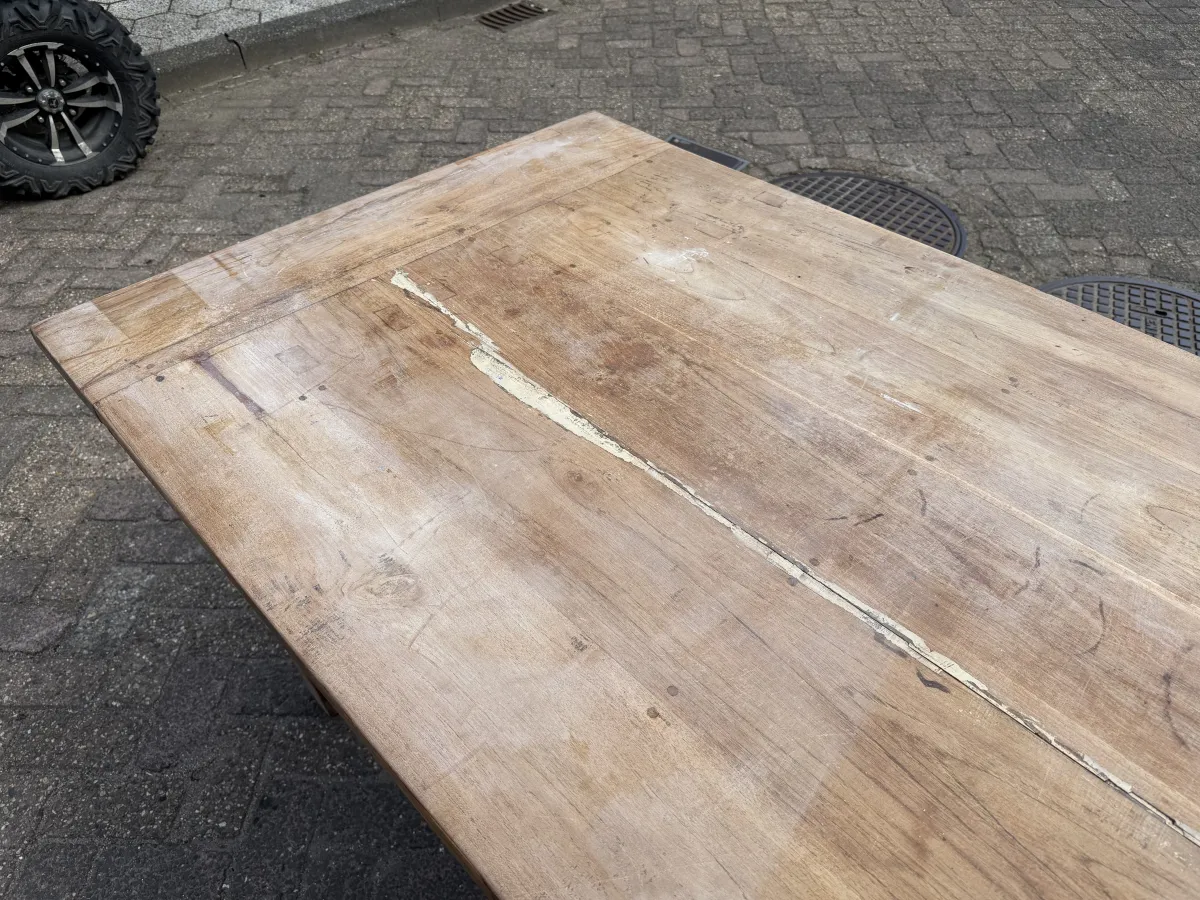 RENÉ HOUTMAN Rustic Whitewashed Solid Wood Dining Table with Ornate Wrought Iron Base