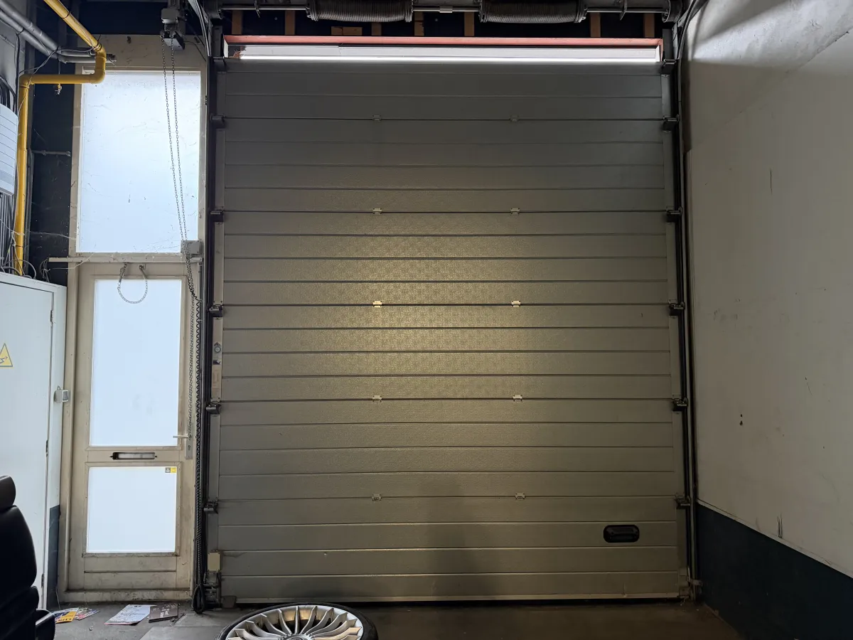 Industrial Sectional Overhead Garage Door with Wicket Door - Grey Steel, Large Format