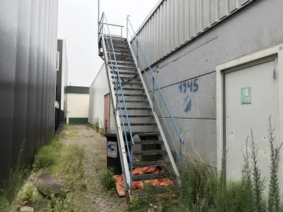Industrial Steel Exterior Staircase with Landing Platform and Grating Steps