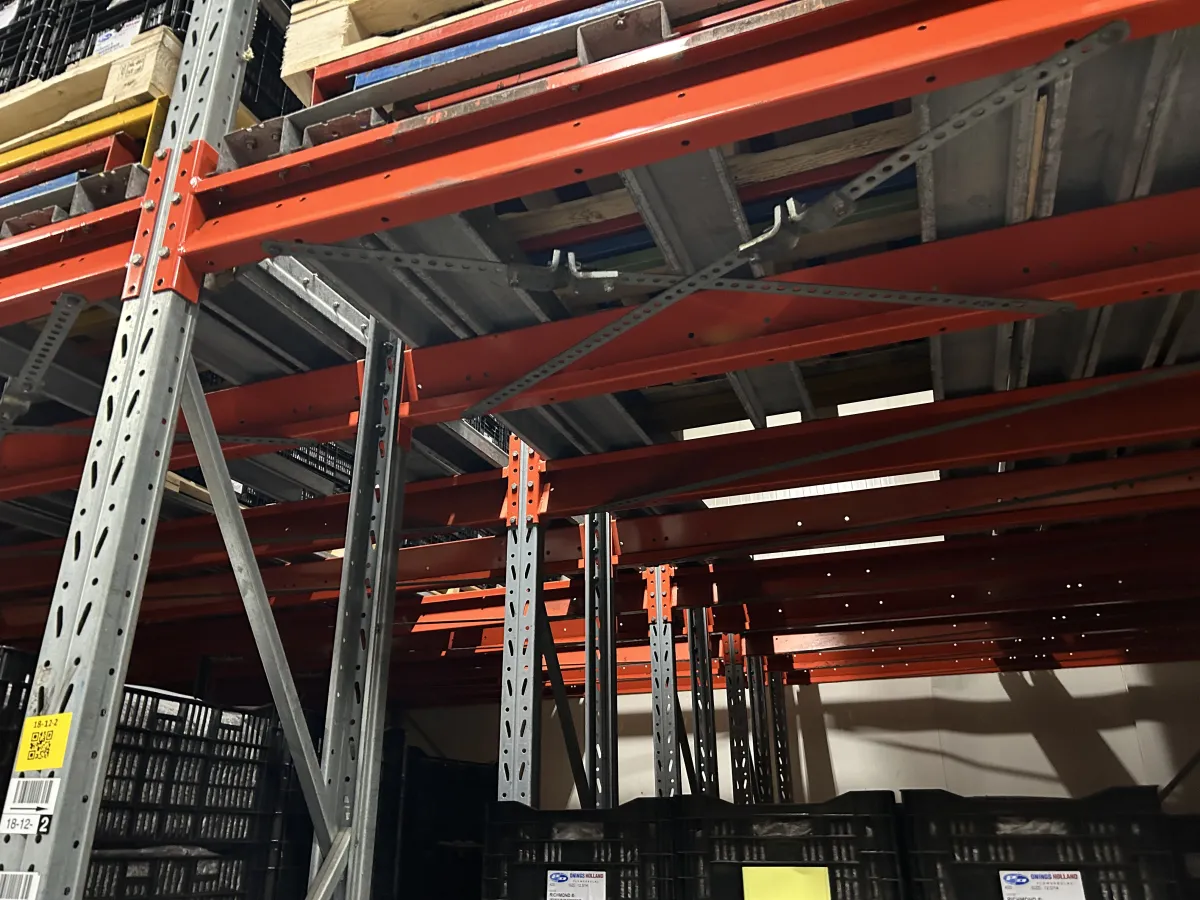 Used Heavy-Duty Pallet Racking System – Orange Beams, Galvanised Uprights, Multi-Bay