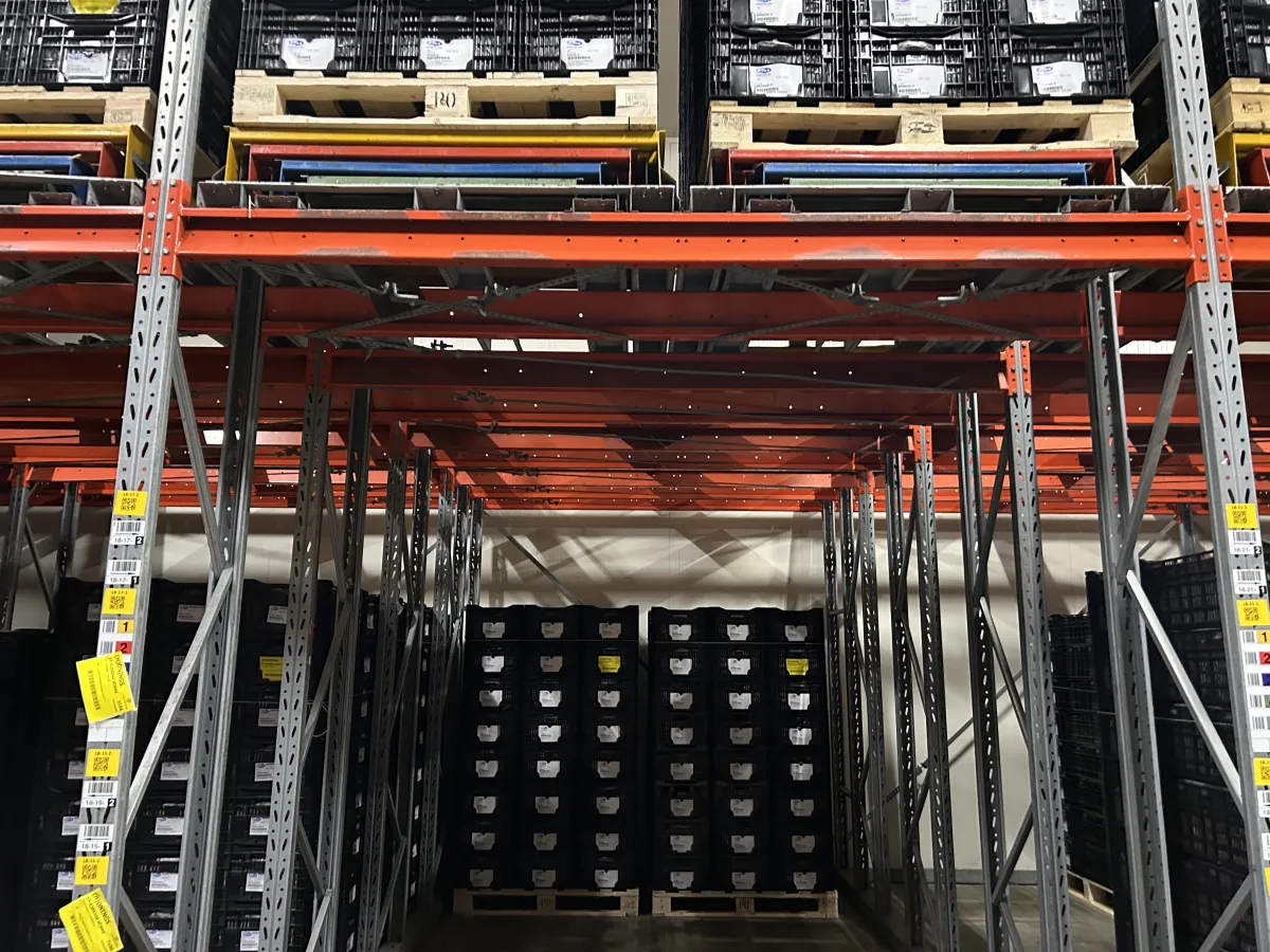 Used Heavy-Duty Pallet Racking System – Orange Beams, Galvanised Uprights, Multi-Bay