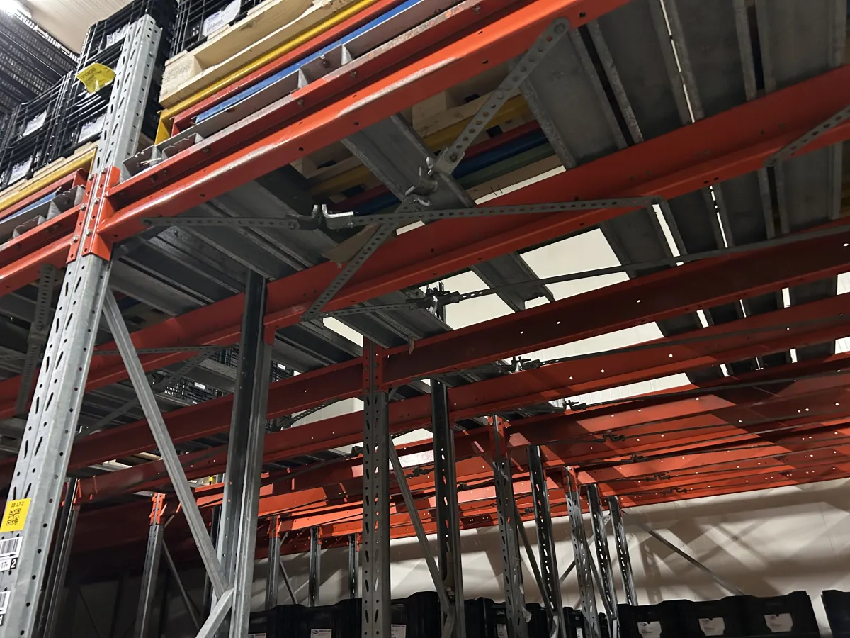Used Heavy-Duty Pallet Racking System – Orange Beams, Galvanised Uprights, Multi-Bay