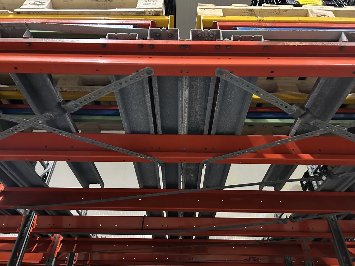 Used Heavy-Duty Pallet Racking System – Orange Beams, Galvanised Uprights, Multi-Bay