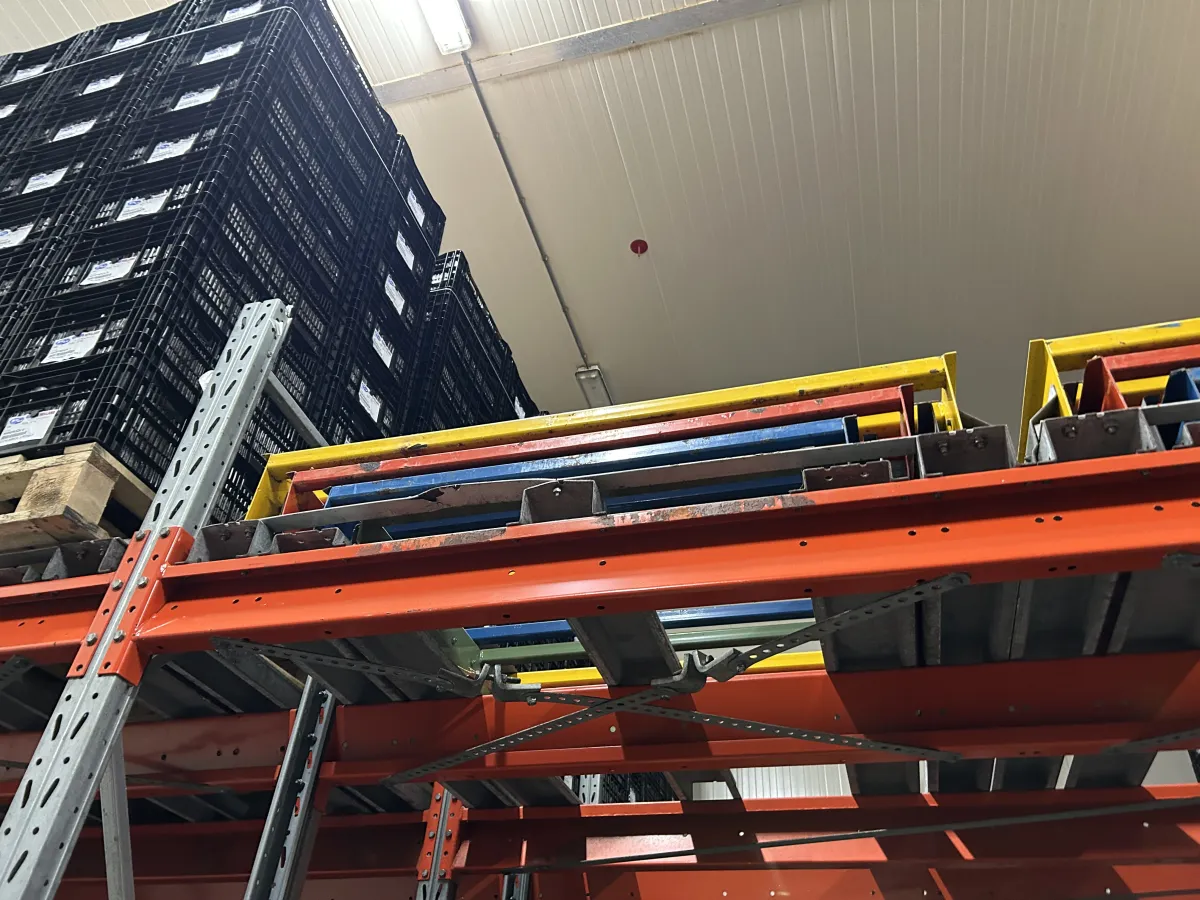 Used Heavy-Duty Pallet Racking System – Orange Beams, Galvanised Uprights, Multi-Bay