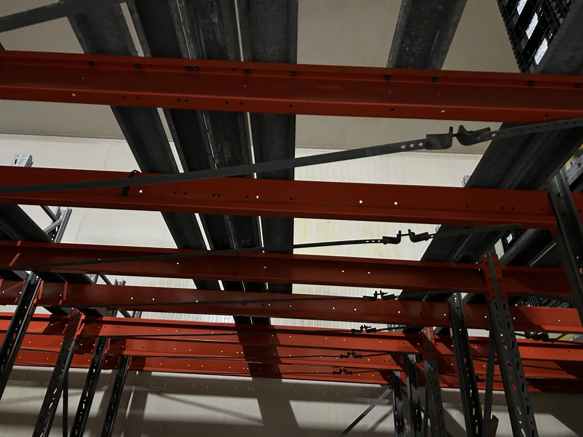 Used Heavy-Duty Pallet Racking System – Orange Beams, Galvanised Uprights, Multi-Bay