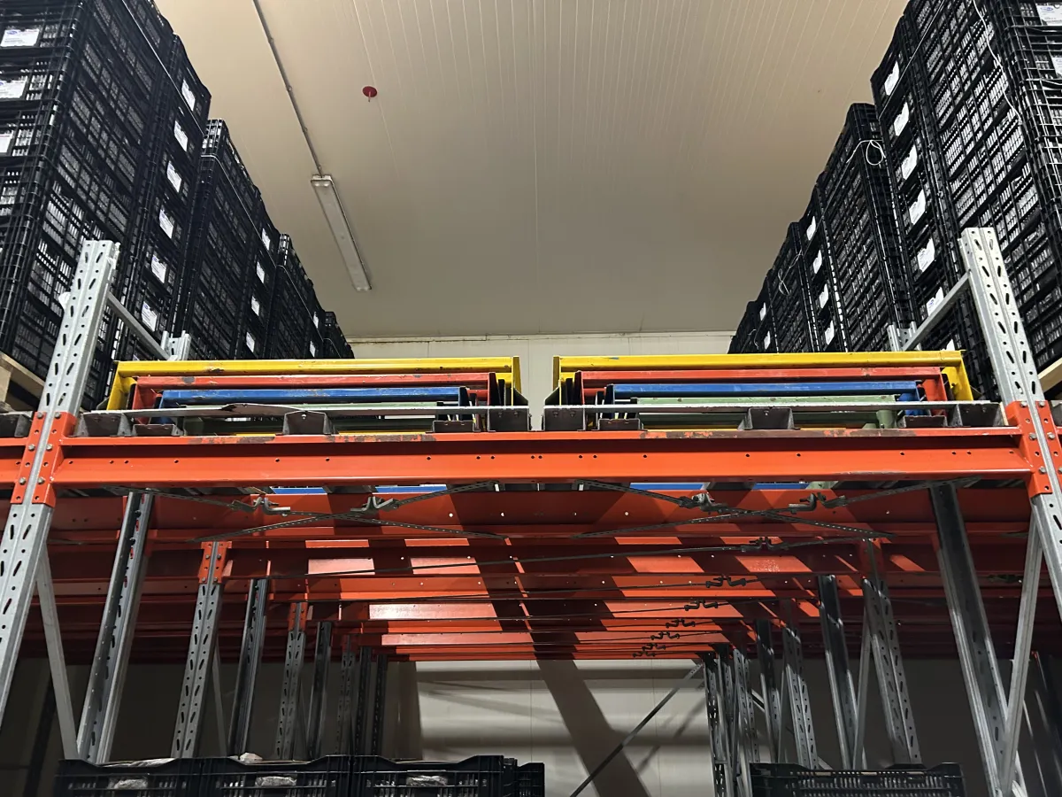 Used Heavy-Duty Pallet Racking System – Orange Beams, Galvanised Uprights, Multi-Bay
