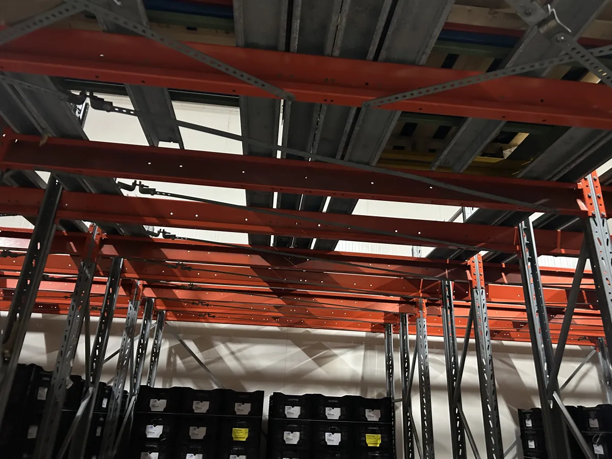 Used Heavy-Duty Pallet Racking System – Orange Beams, Galvanised Uprights, Multi-Bay