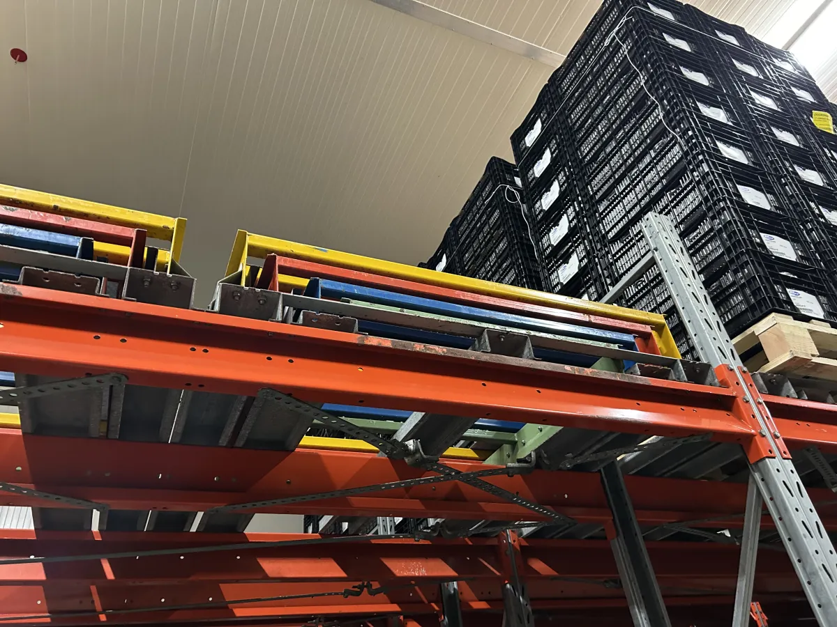 Used Heavy-Duty Pallet Racking System – Orange Beams, Galvanised Uprights, Multi-Bay