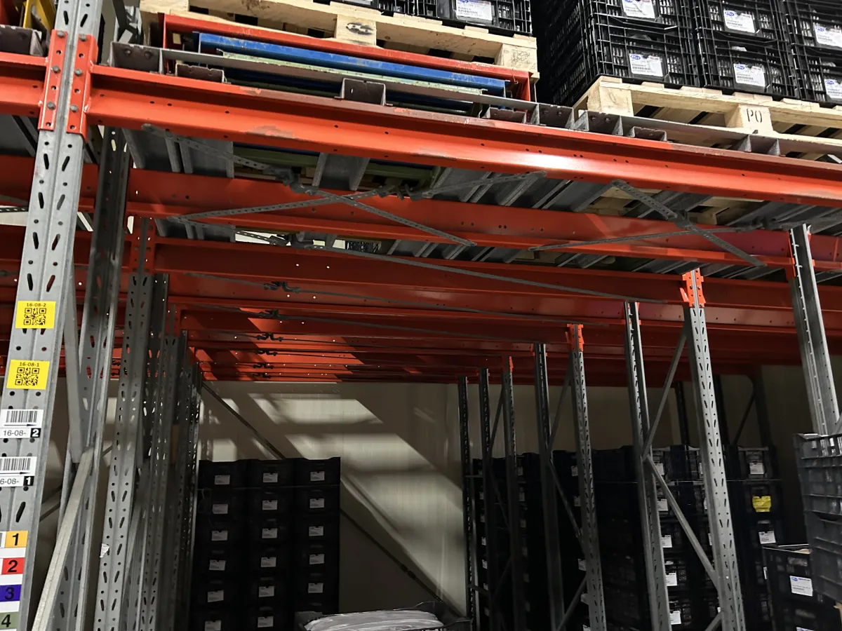 Used Heavy-Duty Pallet Racking System – Orange Beams, Galvanised Uprights, Multi-Bay