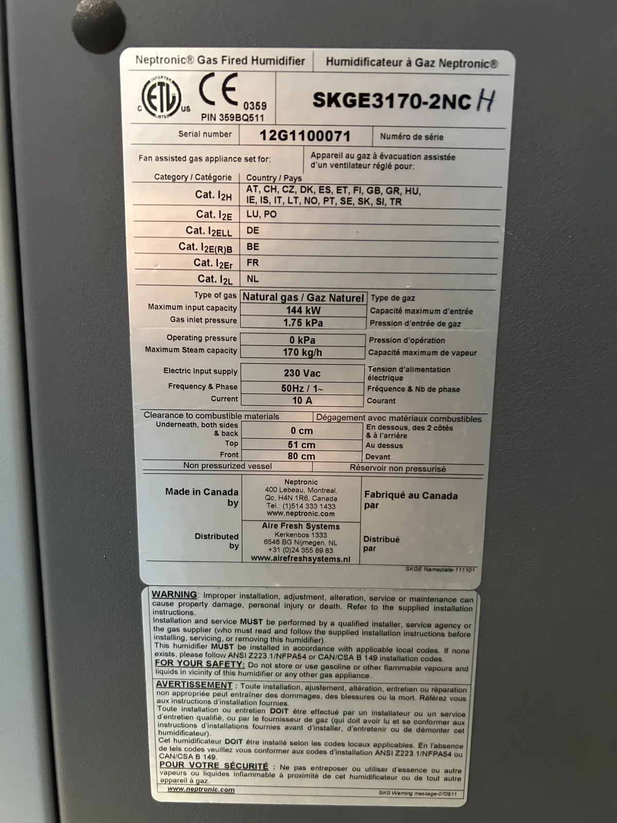 Neptronic SKG 3000 Gas Fired Humidifier SKGE3170-2NC – 170 kg/h Steam Capacity