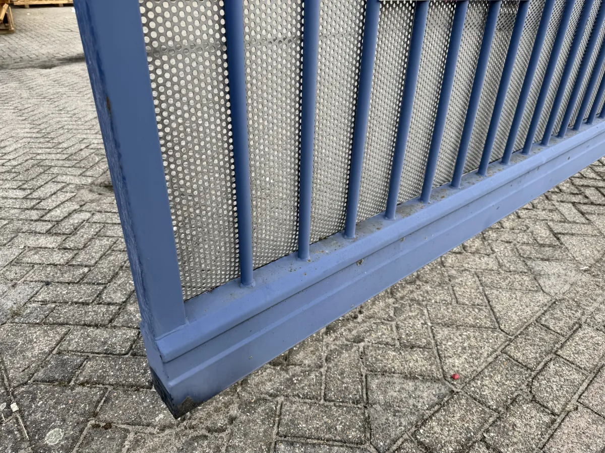 Heavy-Duty Blue Steel Sliding Gate with Anti-Climb Spikes – Approx. 8m Wide
