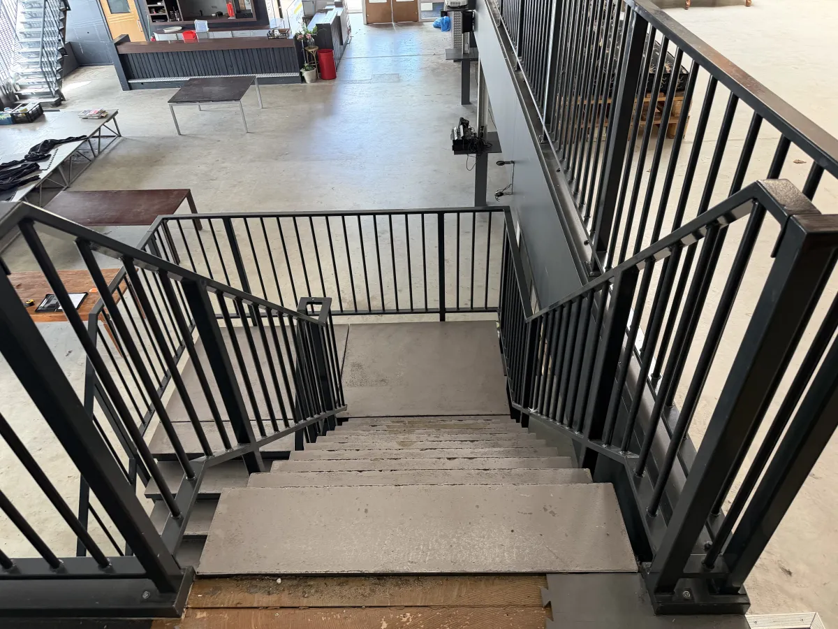 Industrial Steel Mezzanine Staircase with Landing Platform and Railings - Dark Grey