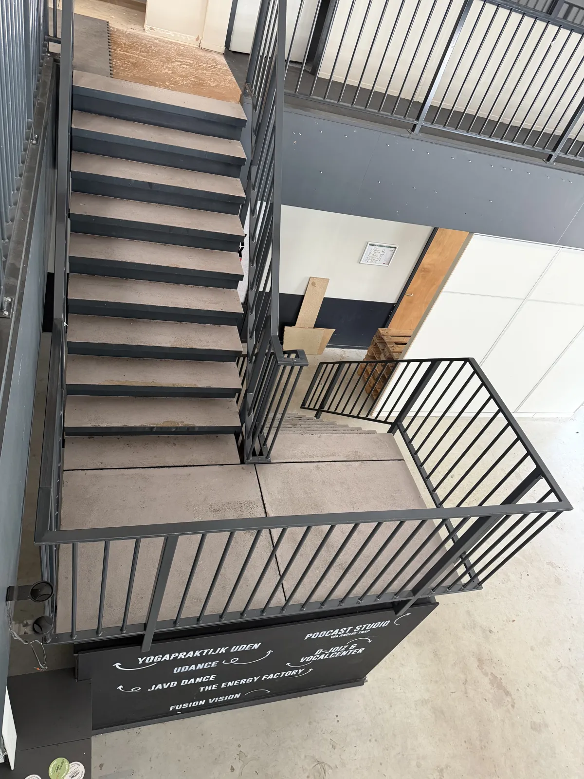Industrial Steel Mezzanine Staircase with Landing Platform and Railings - Dark Grey