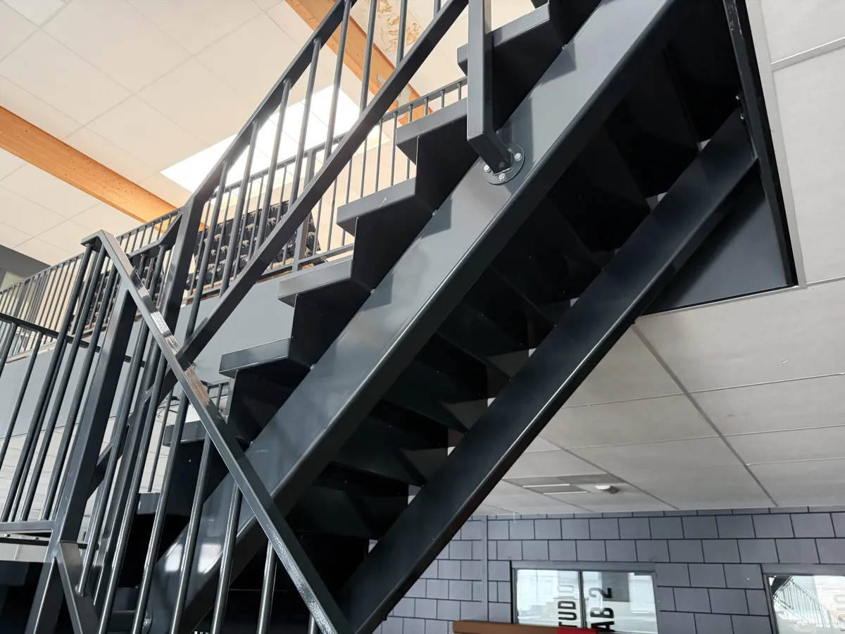 Industrial Steel Mezzanine Staircase with Landing Platform and Railings - Dark Grey