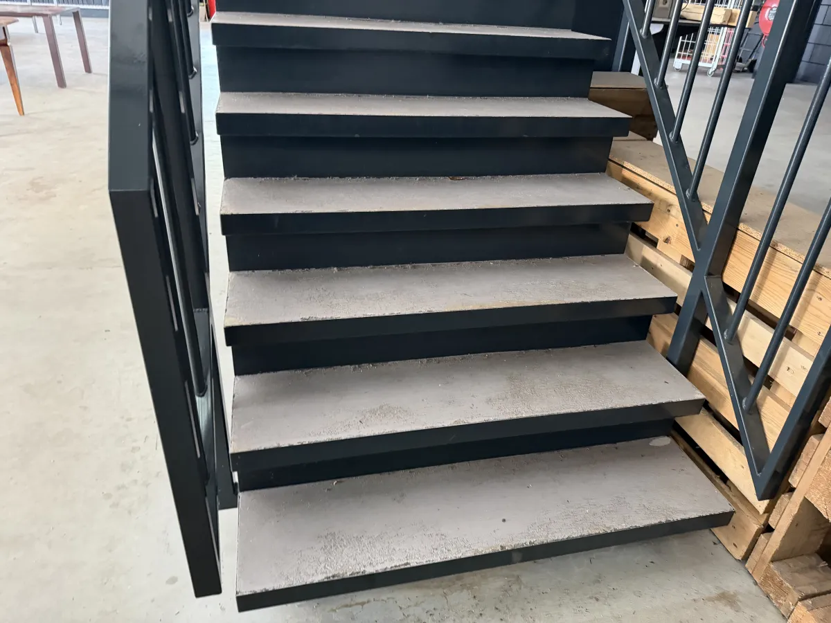 Industrial Steel Mezzanine Staircase with Landing Platform and Railings - Dark Grey