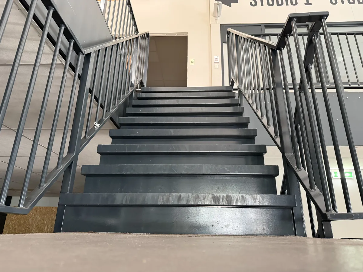 Industrial Steel Mezzanine Staircase with Landing Platform and Railings - Dark Grey