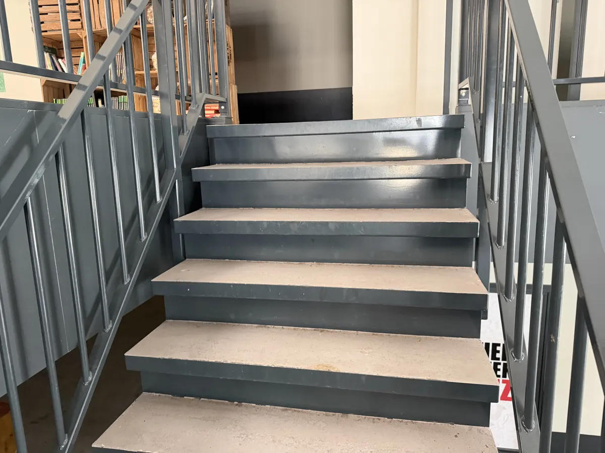 Industrial Steel Mezzanine Staircase with Landing Platform and Railings - Dark Grey