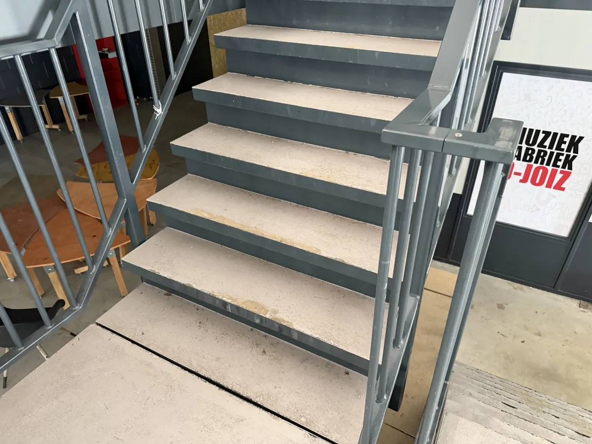 Industrial Steel Mezzanine Staircase with Landing Platform and Railings - Dark Grey