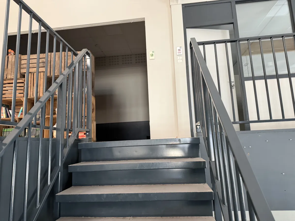 Industrial Steel Mezzanine Staircase with Landing Platform and Railings - Dark Grey