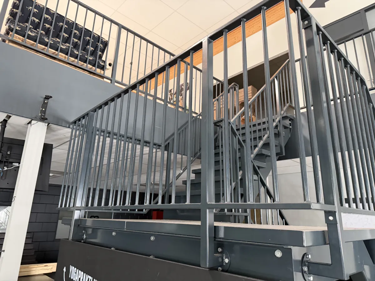 Industrial Steel Mezzanine Staircase with Landing Platform and Railings - Dark Grey