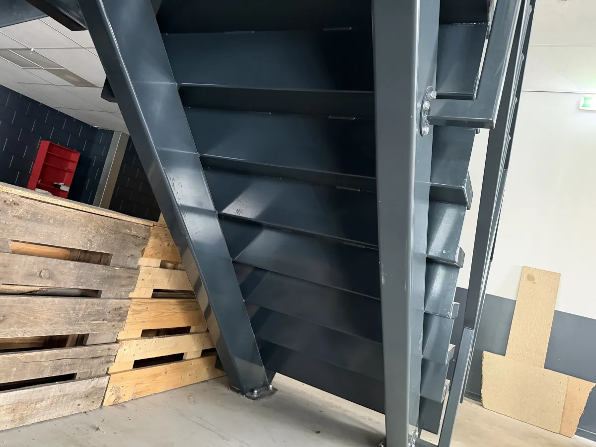 Industrial Steel Mezzanine Staircase with Landing Platform and Railings - Dark Grey