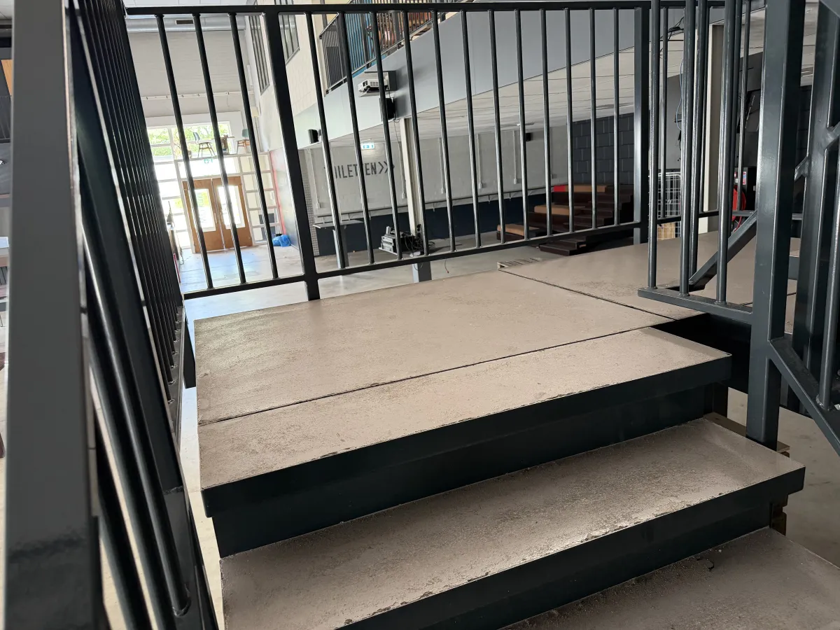 Industrial Steel Mezzanine Staircase with Landing Platform and Railings - Dark Grey