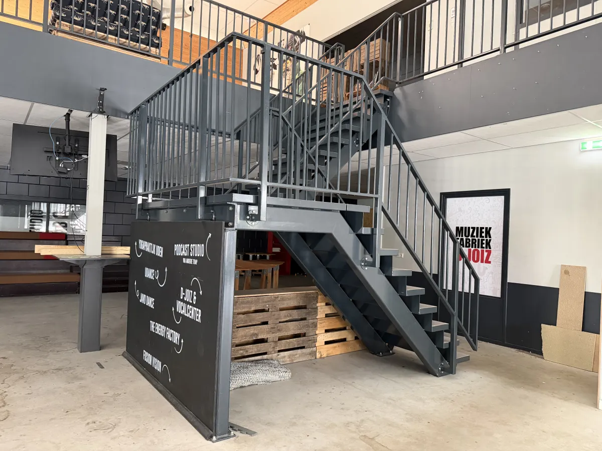 Industrial Steel Mezzanine Staircase with Landing Platform and Railings - Dark Grey