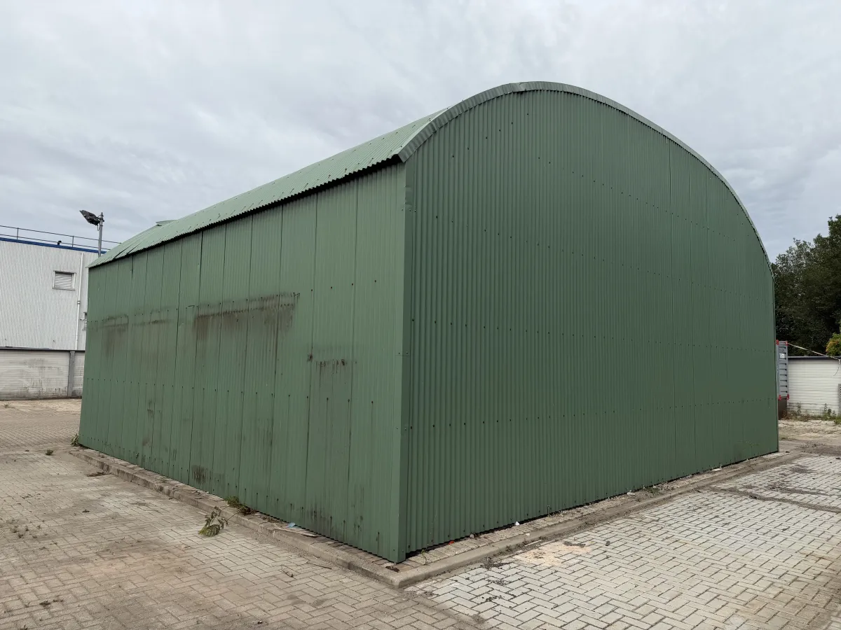 Used Steel Romney Structure with Timber Purlins & Corrugated Roof Sheets (110 m2)