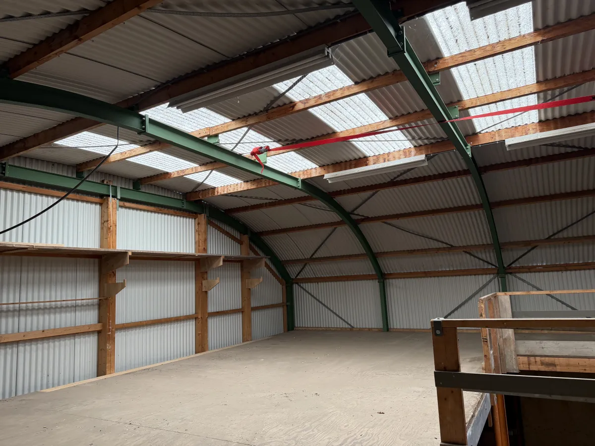 Used Steel Romney Structure with Timber Purlins & Corrugated Roof Sheets (110 m2)