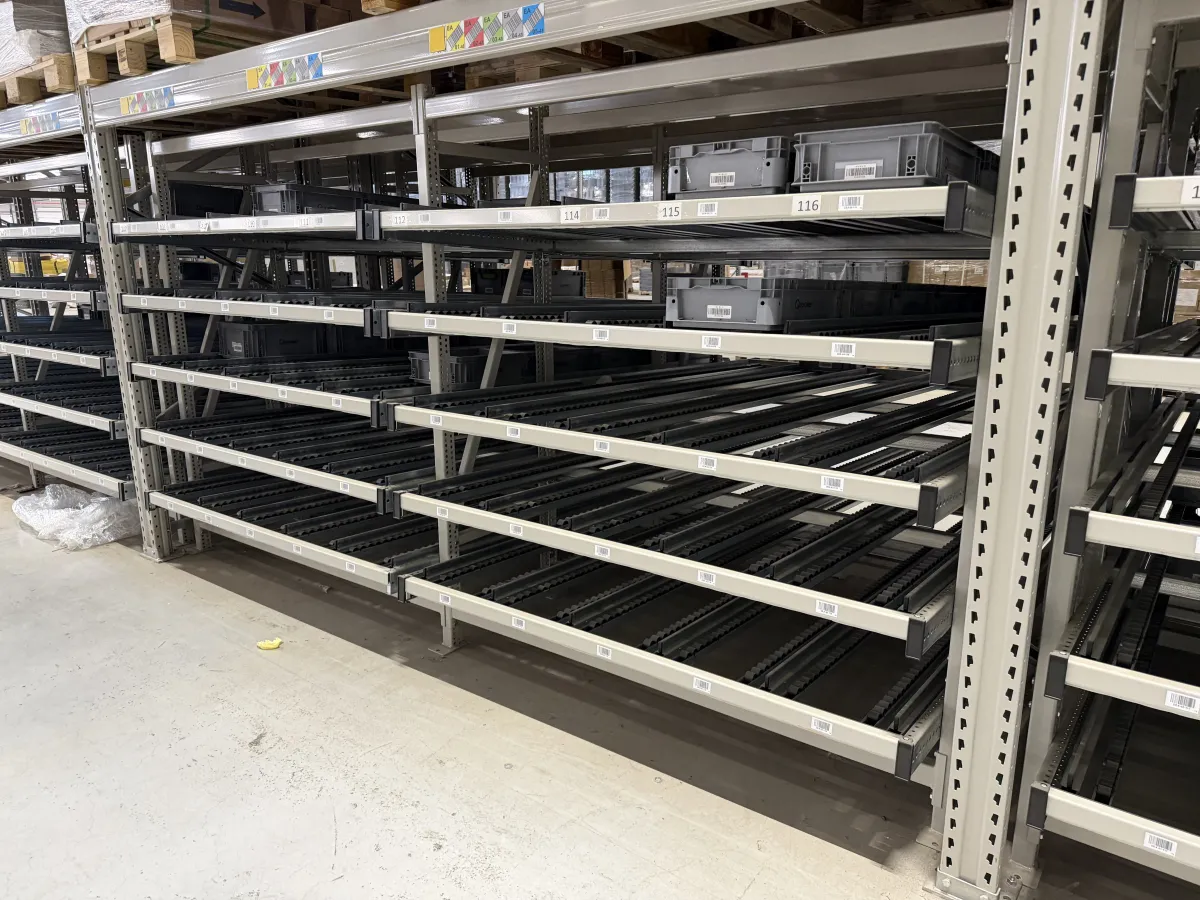 Flow Rack / Carton Live Storage Shelving Units – Roller Lane Pick System, 4-Level
