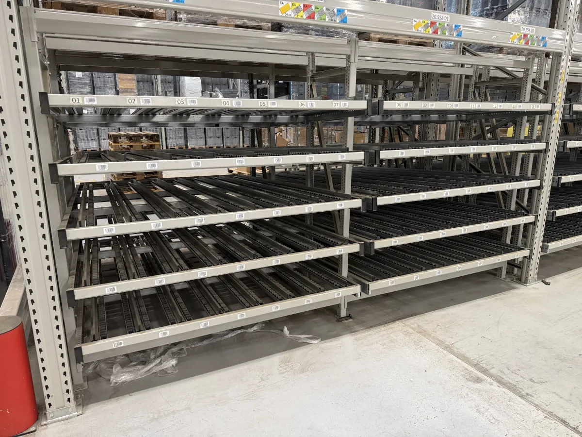 Flow Rack / Carton Live Storage Shelving Units – Roller Lane Pick System, 4-Level