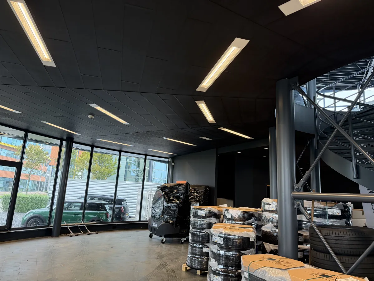 Steel Roof Structure with Corrugated Deck, LED Strip Lights & Glazed Curtain Wall Canopy