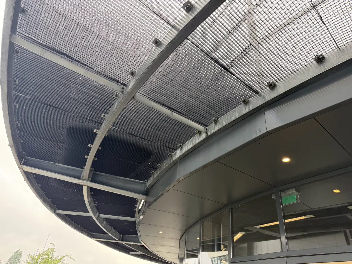 Steel Roof Structure with Corrugated Deck, LED Strip Lights & Glazed Curtain Wall Canopy