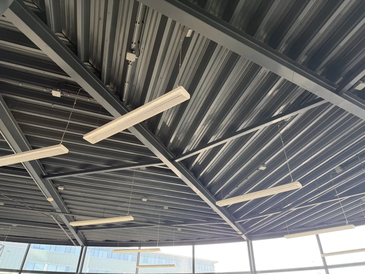 Steel Roof Structure with Corrugated Deck, LED Strip Lights & Glazed Curtain Wall Canopy