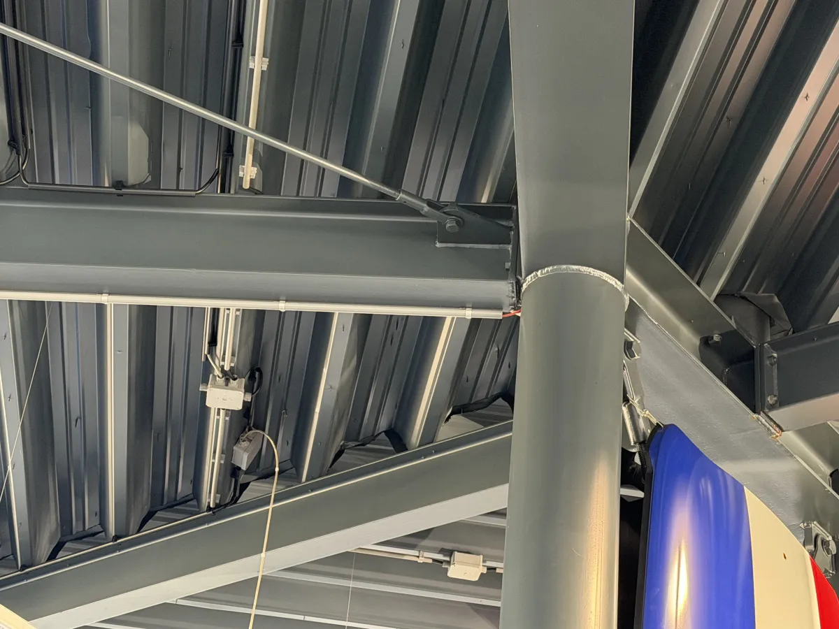Steel Roof Structure with Corrugated Deck, LED Strip Lights & Glazed Curtain Wall Canopy