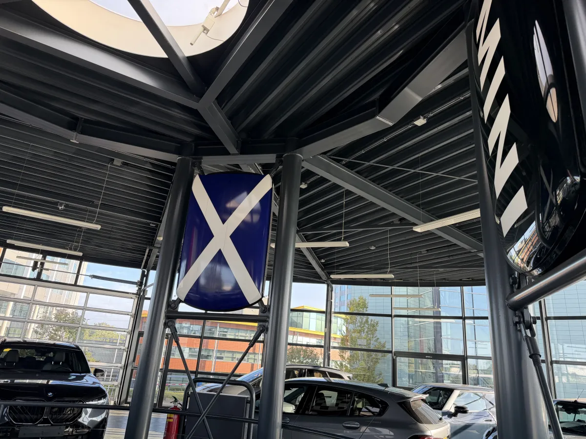 Steel Roof Structure with Corrugated Deck, LED Strip Lights & Glazed Curtain Wall Canopy