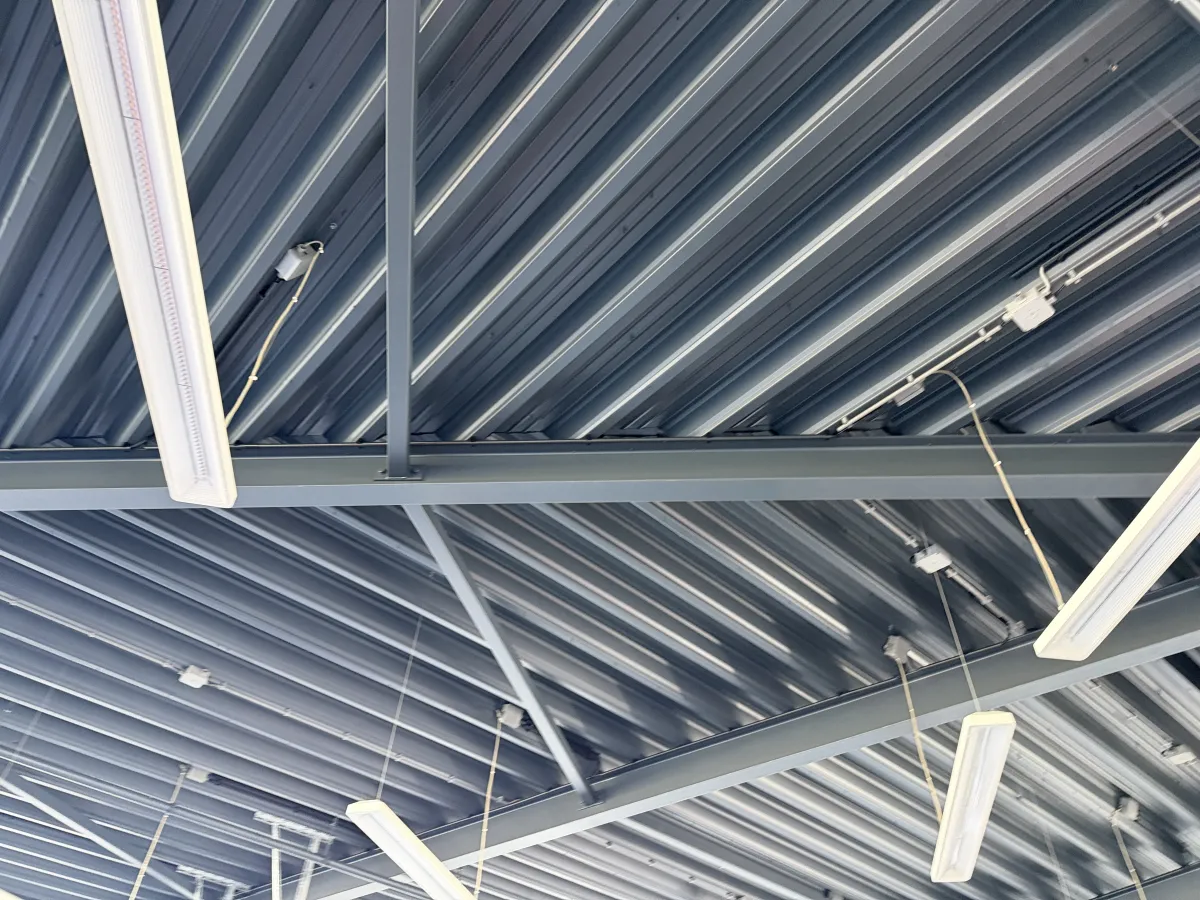 Steel Roof Structure with Corrugated Deck, LED Strip Lights & Glazed Curtain Wall Canopy